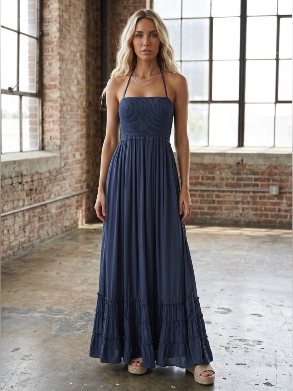 NWT Tiered Boho Smocked Halter Strappy Back Maxi Dress Navy Blue - Picture 3 of 8